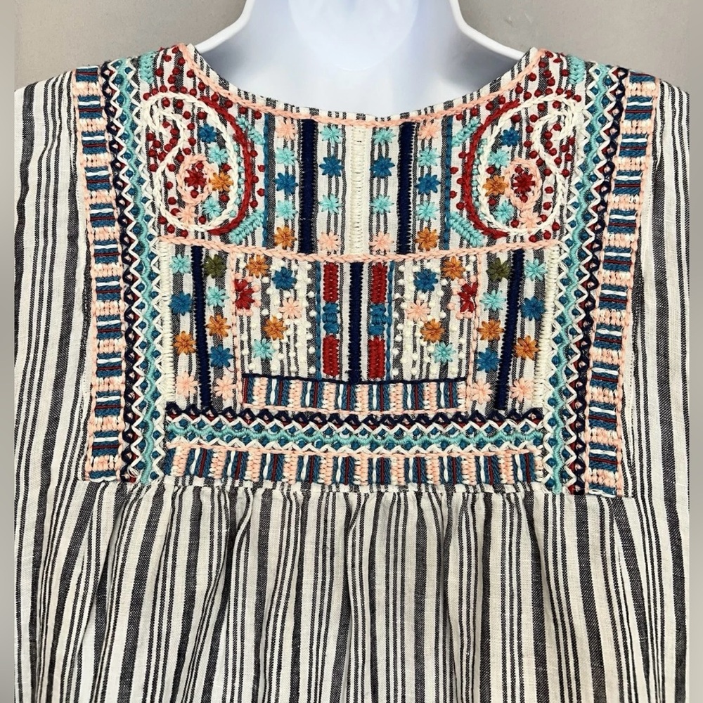 J. Jill Love Linen Striped Embroidered Boho Tunic Top with Tassels L - Picture 9 of 14